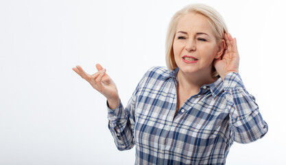 Nosy woman hand to ear gesture trying carefully intently secretly listen in on juicy gossip...