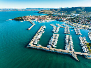 Panorama of Izola on the Slovenian riviera on the Adriatic Mediteranean Sea aerial view with marina