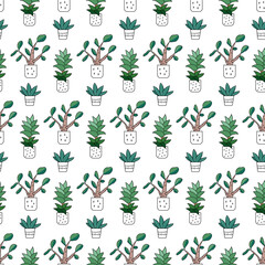 Seamless pattern with potted plants and flowers. Vector illustration with house plants. On a white background.