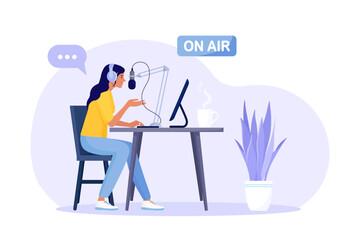 Woman sitting with headphones and microphone recording audio podcast or listening online show. Radio host behind a desk speaks into the microphone on the air. Mass media broadcasting