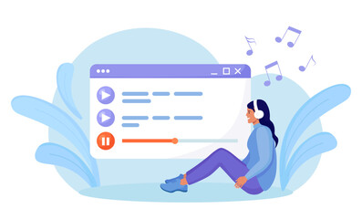 Woman listening music, sound, audio or radio with headphones. Entertainment, digital technology. Media player. Music play list. Girl Sitting, Choosing Podcasts, enjoying playlist. Online Podcasting