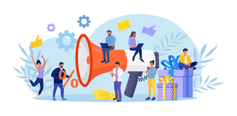 Digital Marketing. Big Megaphone with Gift Box. Promoter Attracts Customers, Investors. Loyalty Reward, Discount, Bonus Program. Attraction of Target Audience, Subscribers. Social Network Promotion