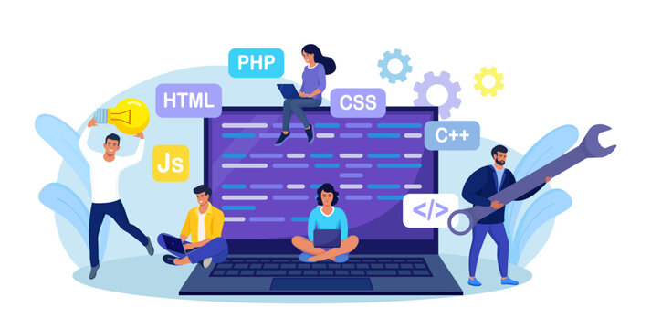 Developing programming and coding technologies and engineering development. Programmer or developer create code. Laptop screen with codes. Developer work with task, coding software using pc
