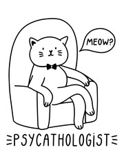Psycathologist funny illustration with cat. Friendship between humans and animals concept.