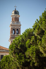 Church bell tower in the trees