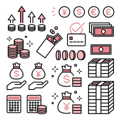 
お金・紙幣・コイン・支払い・投資・会計・通貨・家計・ファイナンスのアイコンセット	
