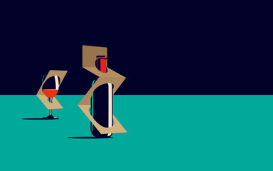 A bottle of wine and a glass of wine in an abstract style. Nearby there is space for text