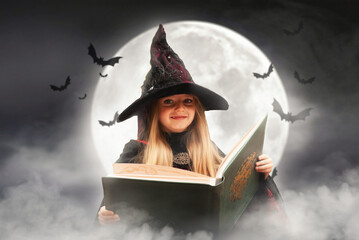 an evil witch with big eyes with a book in her hands against the backdrop of a huge moon