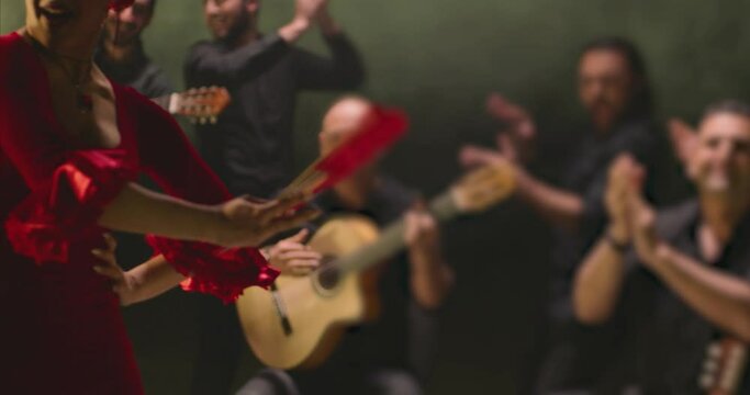 Beautiful stylish female artist dancing spanish style dance . Group of men playing on guitar and applauds to the dancer woman . Concept footage of spanish traditional culture . Waving cloth of skirt