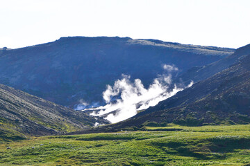 Hot spring thermal river in a valley of Iceland