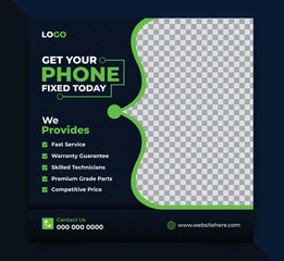 Modern get your phone repair social media post design template for mobile or brand shop. fix any smartphone
