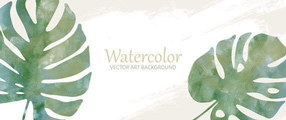 Botanical art vector watercolor background with green leaves. Modern artistic graphic design for interior, poster, cover, banner, flyer, cards. Pastel colors template for design interior. Leaf texture