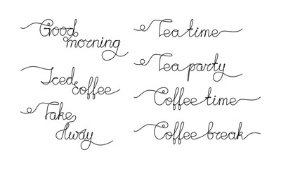 Naklejka premium Quote about tea and coffee. Lettering in the style of modern calligraphy. Take away. Iced coffee. Tea time. Handwritten phrase and typography for your designs: menu, bags, posters, invitations.