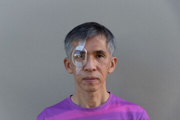Asian adult male with right eye protective shield after cataract surgery.