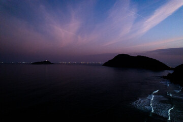 Guarujá city at night. View of Praia do Tombo and Praia das Asturias. Beaches on the coast of Santos.