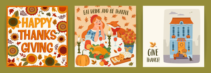 Happy Thanksgiving illustrations. Set of vector designs for card, poster, flyer, web and othe