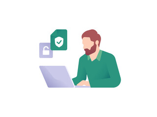 Men with laptop. Businessman work using computer. Vector illustration