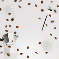 Floating coffee beans with mugs and spoons
