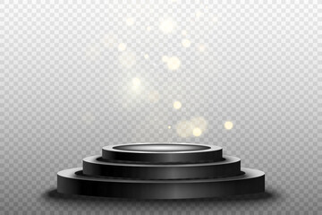	
Round podium, pedestal or platform, illuminated by spotlights in the background. Vector illustration. Bright light. Light from above. Advertising place	