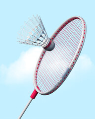 Badminton tennis racket hitting a ball. Athletic sports background 