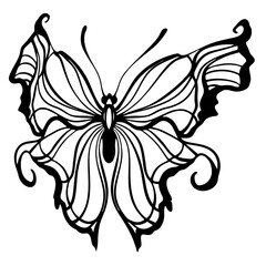 Graphic black and white linear drawing of a butterfly. Isolated illustration in the form of a silhouette of a flying moth. To cut and create a mask.