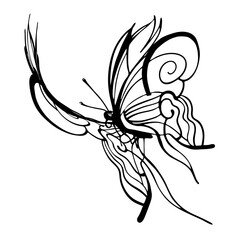 Graphic black and white linear drawing of a butterfly. Isolated illustration in the form of a silhouette of a flying moth. To cut and create a mask.