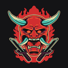 Onimask Fire Swords Vector Illustration
