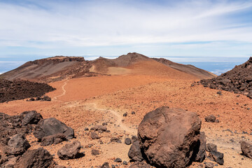 Panoramic view on crater of mountain Pico Viejo on hiking trail to volcano Pico del Teide, Mount...