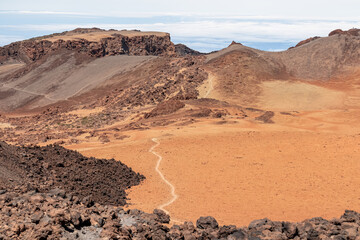 Panoramic view on crater of mountain Pico Viejo on hiking trail to volcano Pico del Teide, Mount...