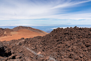 Panoramic view on crater of mountain Pico Viejo on hiking trail to volcano Pico del Teide, Mount...