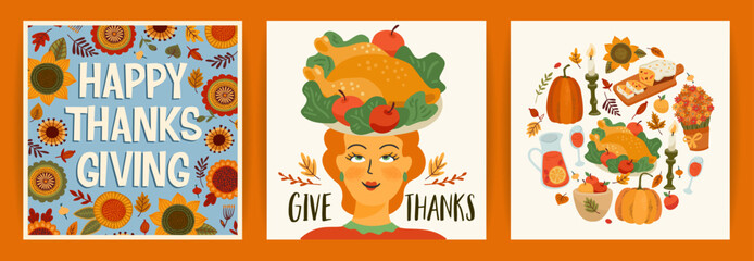 Fototapeta na wymiar Happy Thanksgiving illustrations. Set of vector designs for card, poster, flyer, web and othe