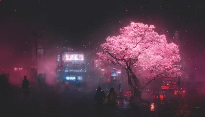 Crédence en verre imprimé Gris 2 Paysage japonais de la ville de nuit fantastique, lumière au néon, bâtiments résidentiels, grand arbre de sakura. Fond de fantaisie urbaine de nuit. Illustration 3D.