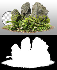 Cutout mossy rock surrounded by vegetation in the forest. Ancient boulder with moss isolated on transparent background via an alpha channel. Mossy tree branch on the ground   © Kimo