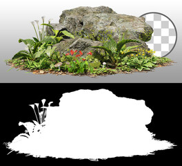Cutout mossy rock surrounded by vegetation in the forest. Ancient boulder with moss isolated on transparent background via an alpha channel. Mossy tree branch on the ground   © Kimo
