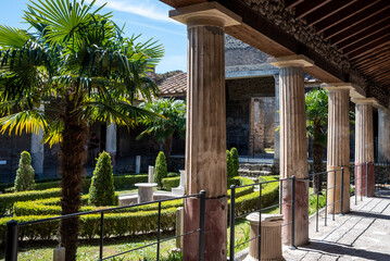 POMPEII, ITALY - MAY 04, 2022 - Yard in a typical Roman villa of the ancient Pompeii, Italy