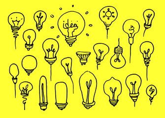 a set of contour light bulbs . Insulated ball bulbs of different shapes, hand-drawn in cartoon style, with a black insulated line on yellow for a design template. Symbol of the idea and thinking