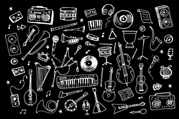 Musical instruments a large set of scribbled icons. hand-drawn, isolated black outline on white, drums, string and wind instruments and electronic equipment. vintage and street music