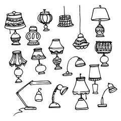 Doodle lamp set. Vector set of home lamps, floor lamps, chandeliers, and table lamps with a pattern with lines and dots drawn in doodle style with a black line on a white background for a label design