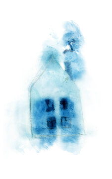 blaues Haus in Aquarell