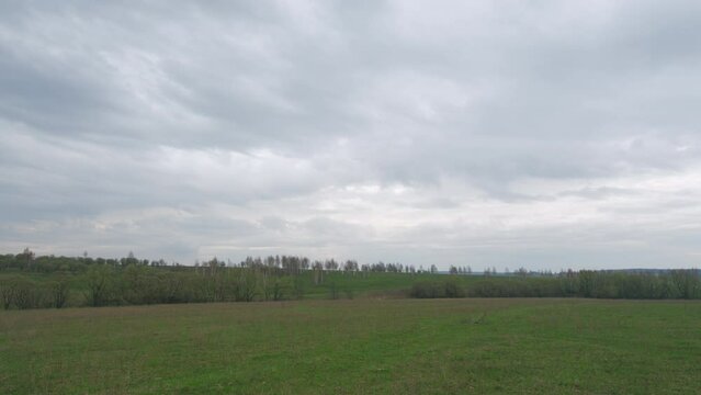 Lush pasture land with moody sky in background. Picturesque spring nature. Countryside. Real time.