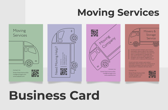 Moving services line business card set vector delivery and storage cargo transportation