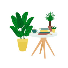 Interior design with table, books, cup of coffee and houseplants. Trendy composition with home decorations