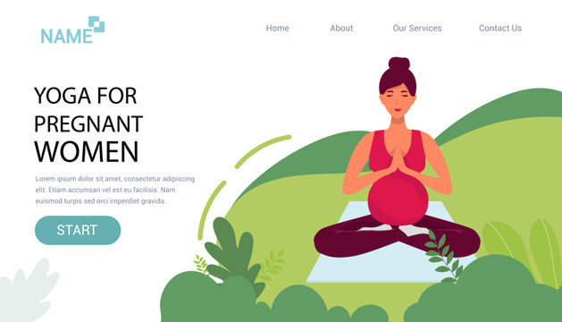 Vector site template of yoga studio or online class. Pregnant yoga fitness concept. Wellness and healthy lifestyle in pregnance. Woman expecting a baby doing yoga exercises. Landing page