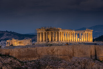 Beautiful night view of the Parthenon and the Acropolis, Athens in Greece