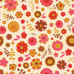 70s Retro flowers seamless vector repeat pattern