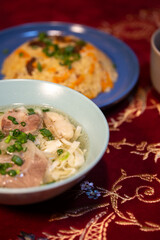traditional kazakh noodle soup with kazy in a cafe