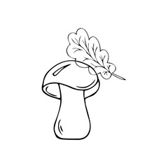 mushroom and oak leaf black and white outline vector illustration coloring page