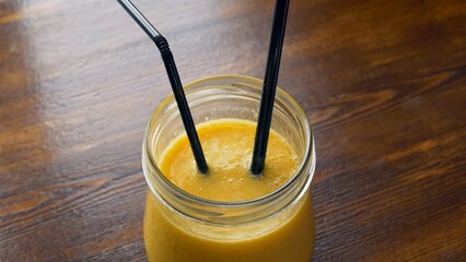 On a wooden table there is a bright yellow mango smoothie with straws in a glass, fresh smoothies are eaten with a spoon. Eating ripe fruits as a smoothie for the vitamins your body needs.