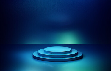 Obraz premium Multi-tier round empty stand, blue colour theme. 3d computer graphic template of displaying place for your products.