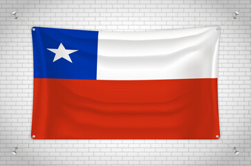Chile flag hanging on brick wall. 3D drawing. Flag attached to the wall. Neatly drawing in groups on separate layers for easy editing.